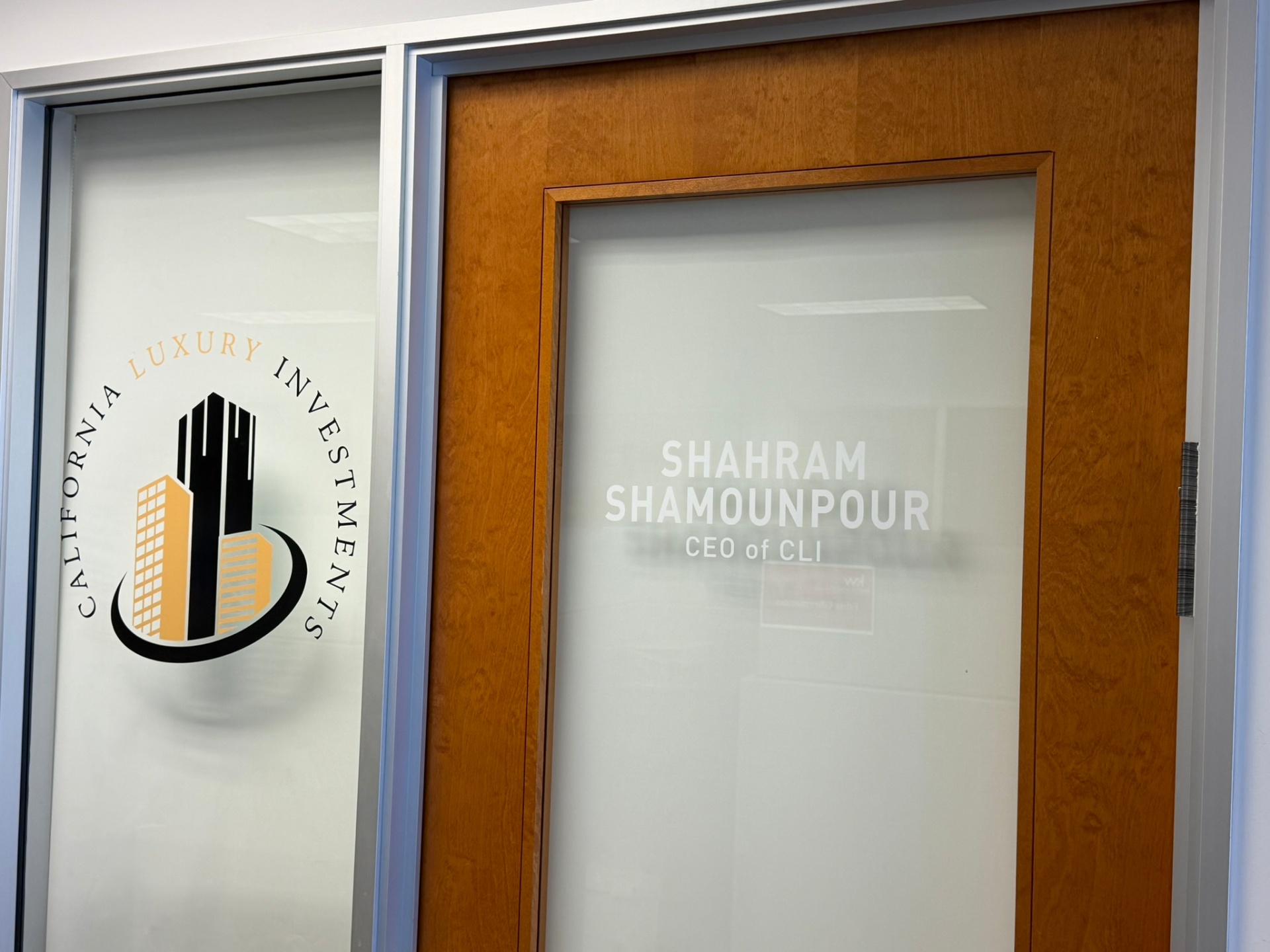 California Luxury Investments office door — Shahram Shamounpour, CEO of CLI.