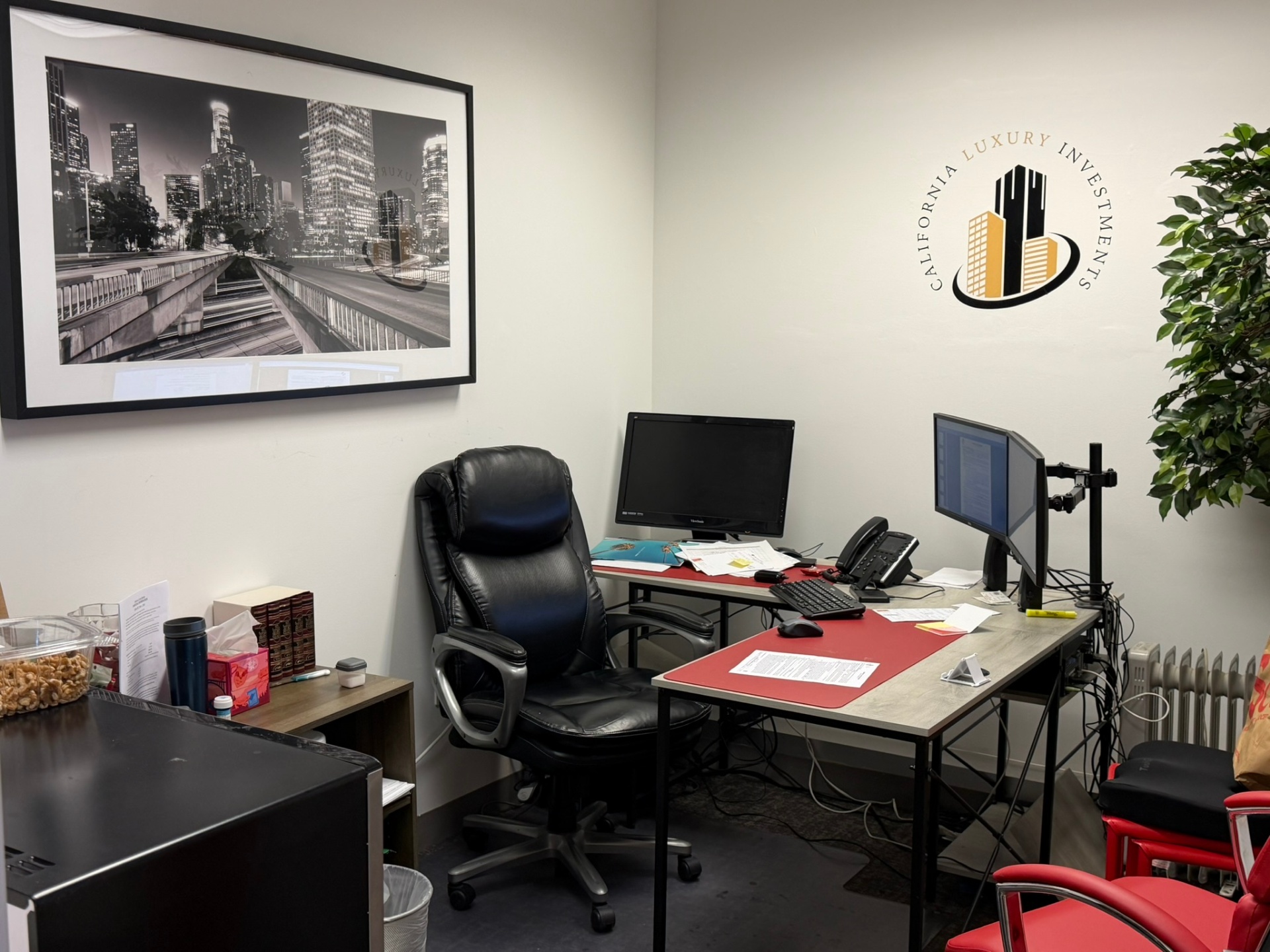 CLI advisor workspace with framed downtown Los Angeles photography on the wall.