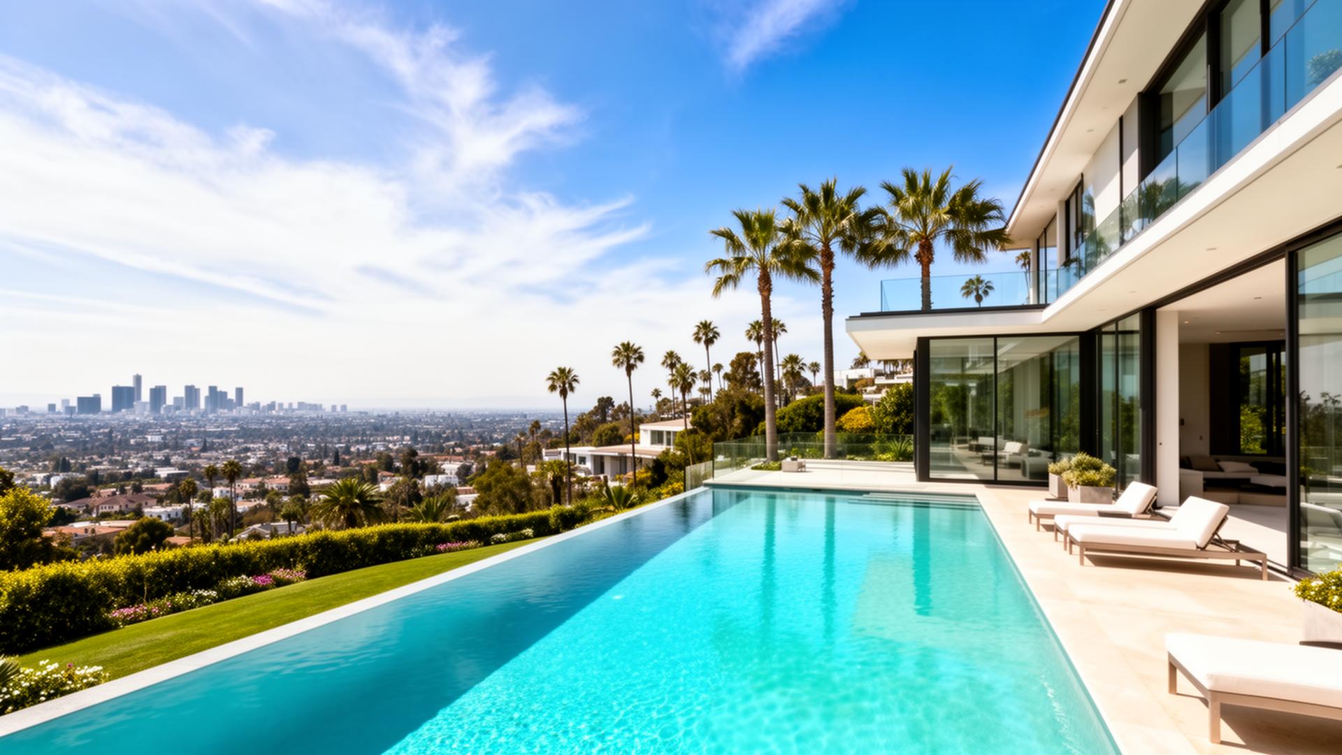 Luxury hillside estate with infinity pool overlooking the Los Angeles skyline