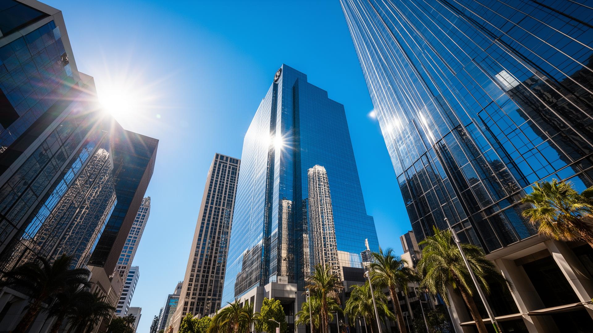 Modern glass high-rise towers in Los Angeles at golden hour