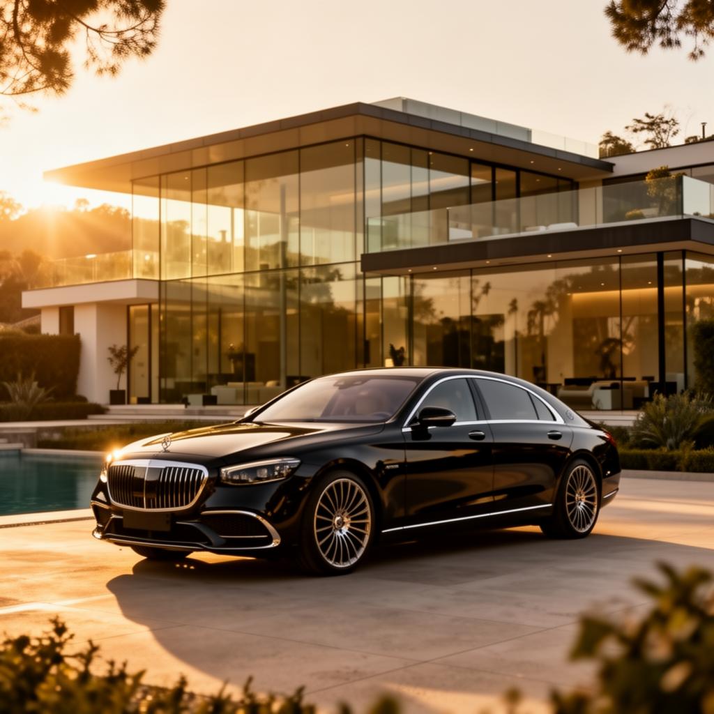 Black luxury sedan parked at a glass mansion in Bel Air at golden hour
