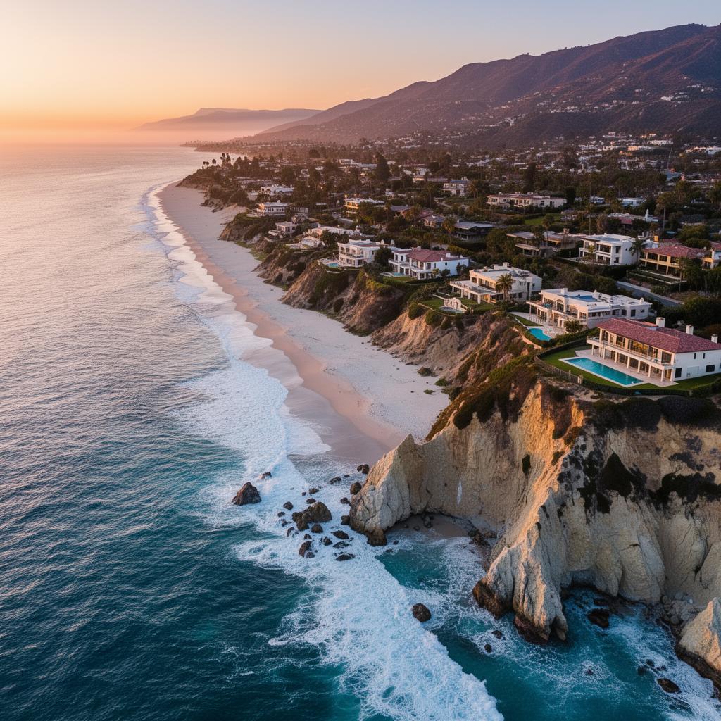 Aerial view of Malibu cliffside luxury estates at sunset along the Pacific Ocean