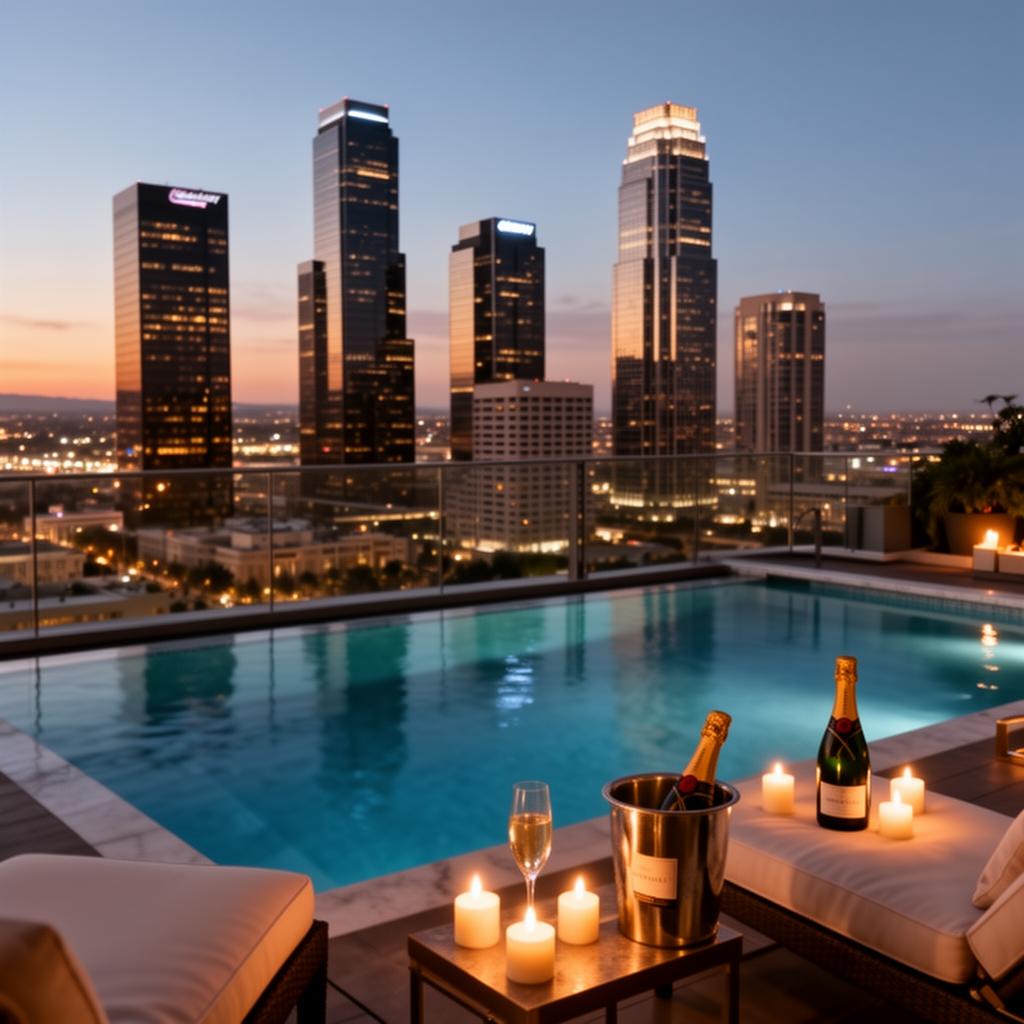 Private rooftop pool overlooking the Century City skyline with champagne at dusk